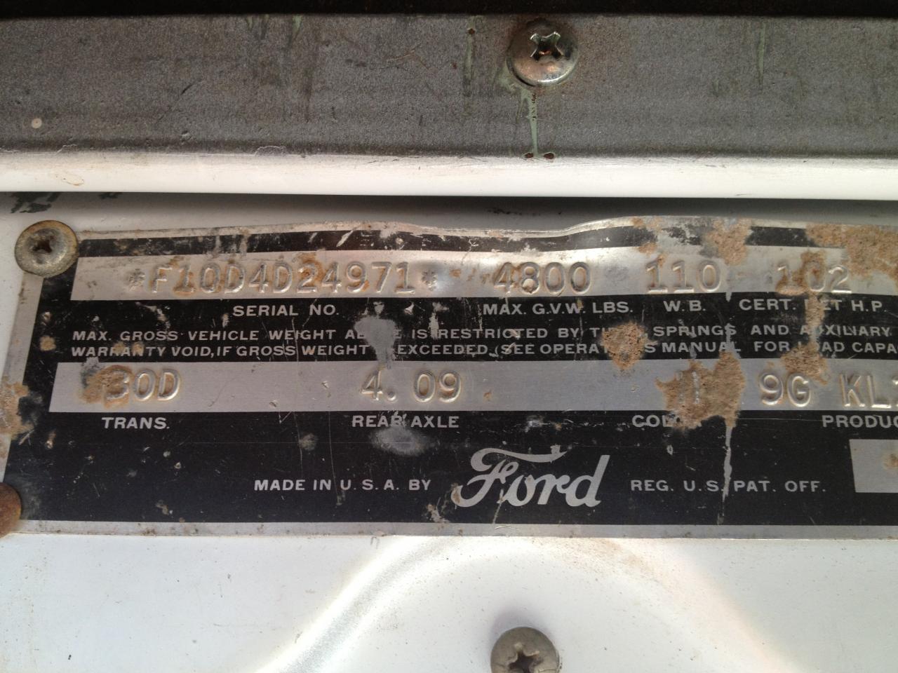 1953 1954 1955 1956 FORD PICKUP TRUCK DATA PLATE TAG STAMPED