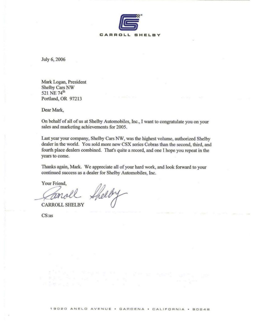 Letter From Carroll Shelby to Mark Logan